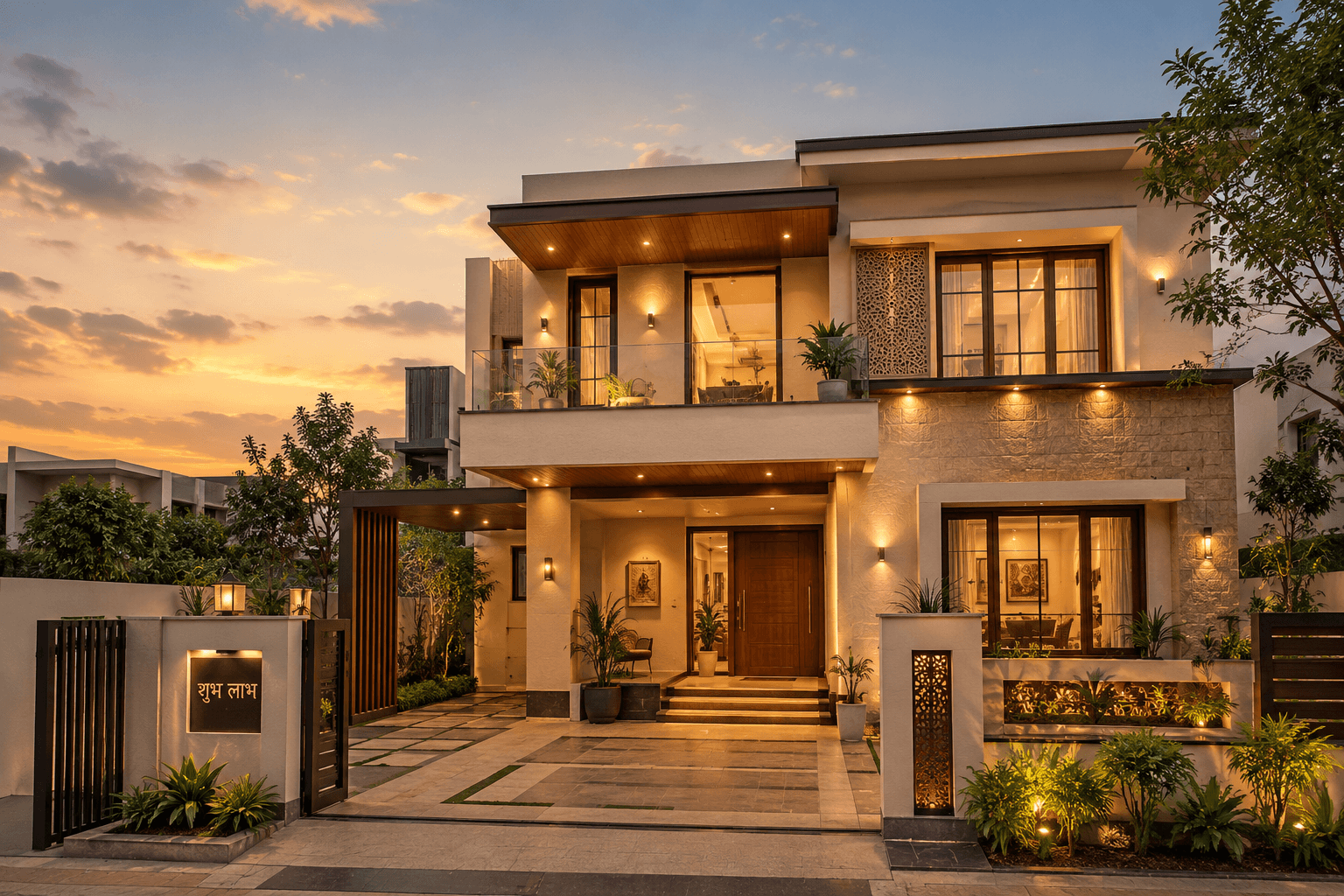 A modern home at dusk