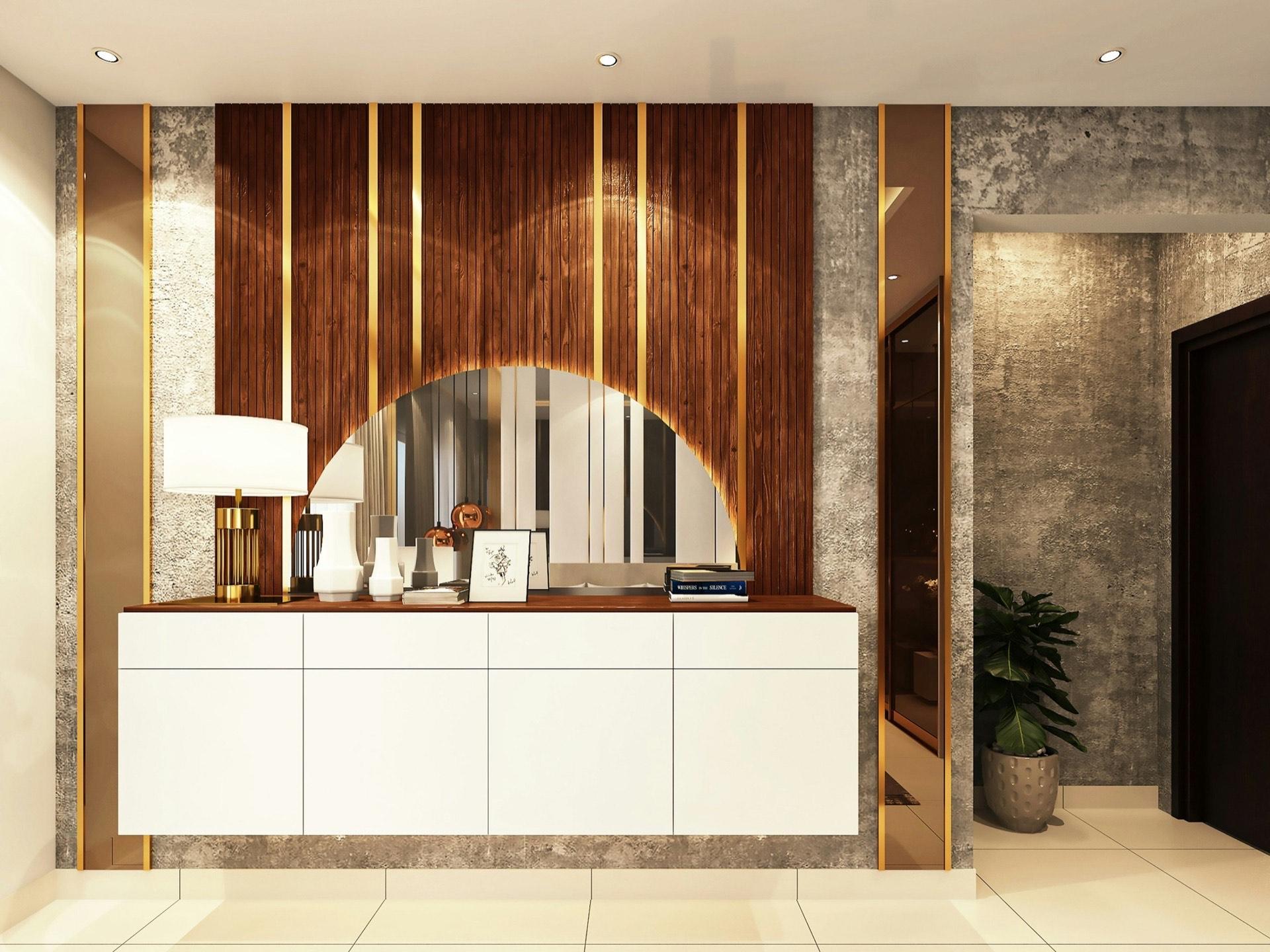 A warm, modern interior lit at dusk